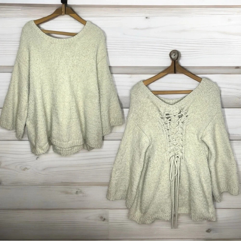 POL Boho Braided Lace Up Wide Sleeve Knit Fuzzy Eyelash Longline Tunic Sweater